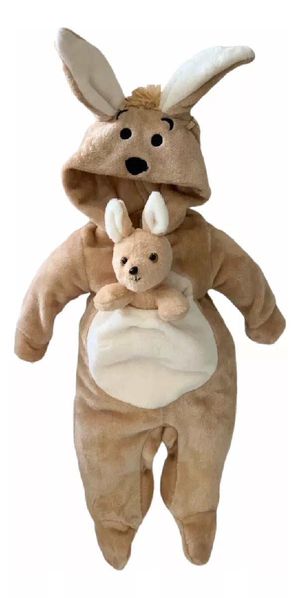Mameluco Con Gorro Bordado Y Peluche Canguro Café