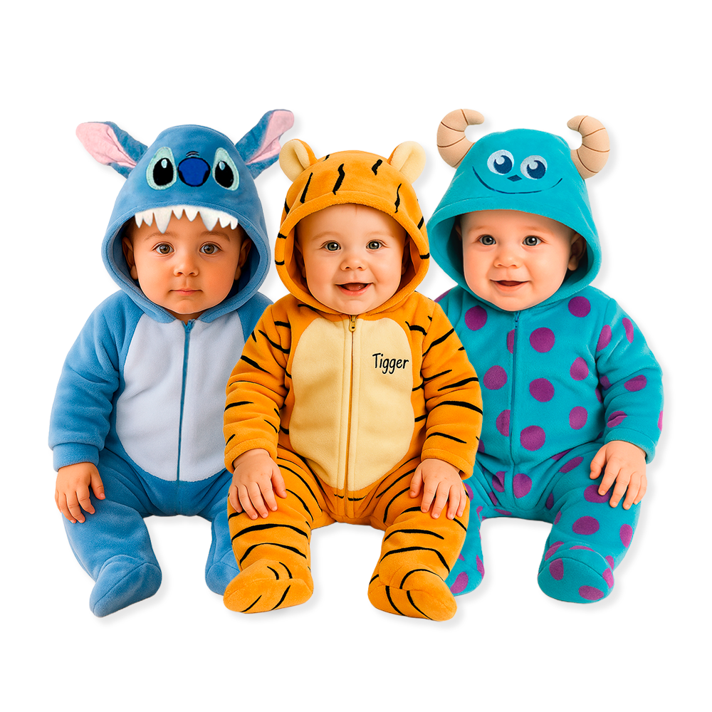 Kit 3 Mamelucos Disney para Bebé con Gorro Bordado Sulley, Tigger, Stitch