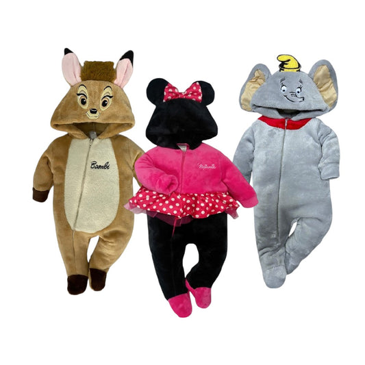 Kit 3 Mamelucos Disney para Bebé con Gorro Bordado Dumbo, Minnie, Bambi.