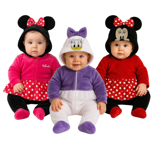Kit 3 Mamelucos Disney para Bebé con Gorro Bordado Daisy, Minnie, Minnie Cara.
