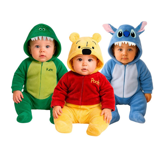 Kit 3 Mamelucos Disney para Bebé con Gorro Bordado Rex, Winnie Pooh, Stitch