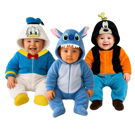 Kit 3 Mamelucos Disney para Bebé con Gorro Bordado Donald, Stitch, Goofy