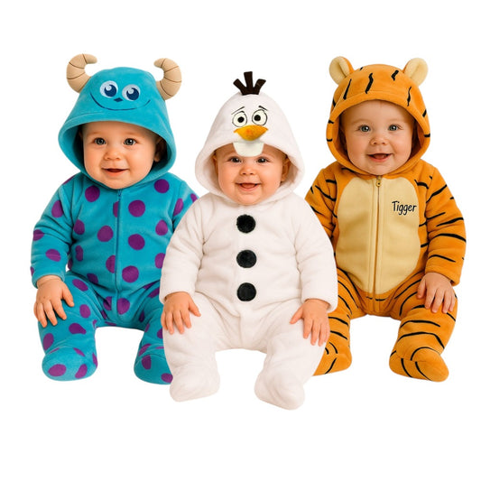 Kit 3 Mamelucos Disney para Bebé con Gorro Bordado Sulley, Olaf, Tigger