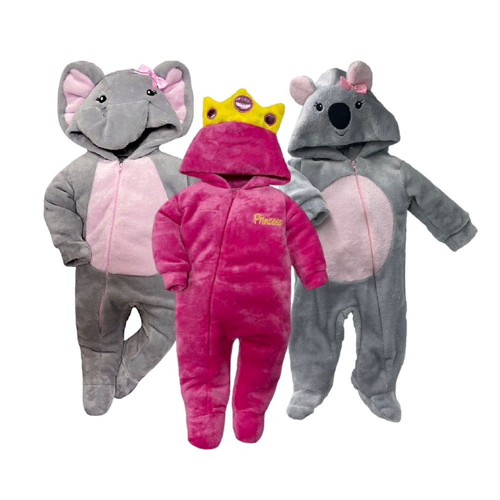 Kit 3 Mamelucos Kiss para Bebé con Gorro Bordado Princess, Elefante, Koala