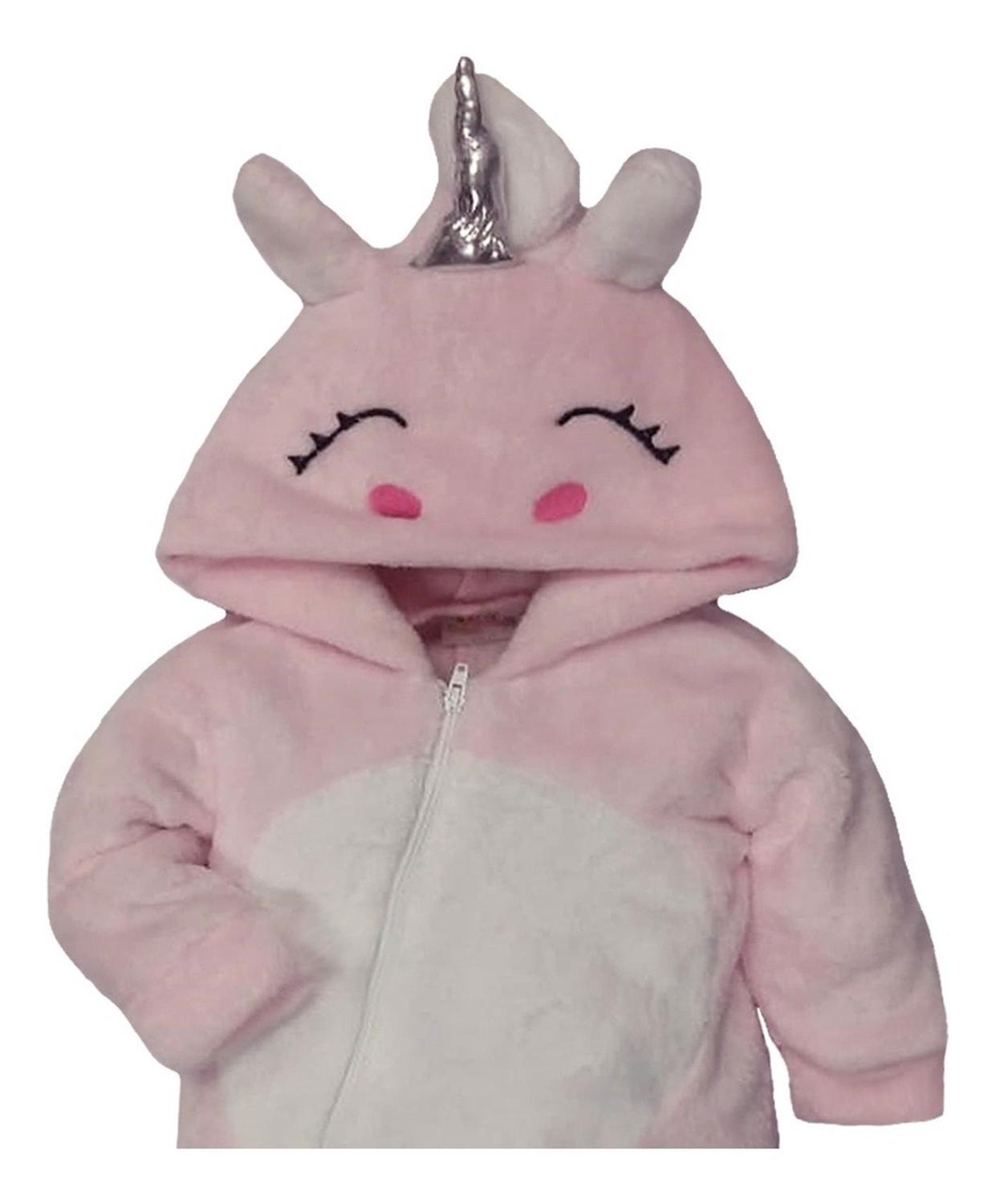 Mameluco Con Gorro Bordado Unicornio Rosa Con Peluche