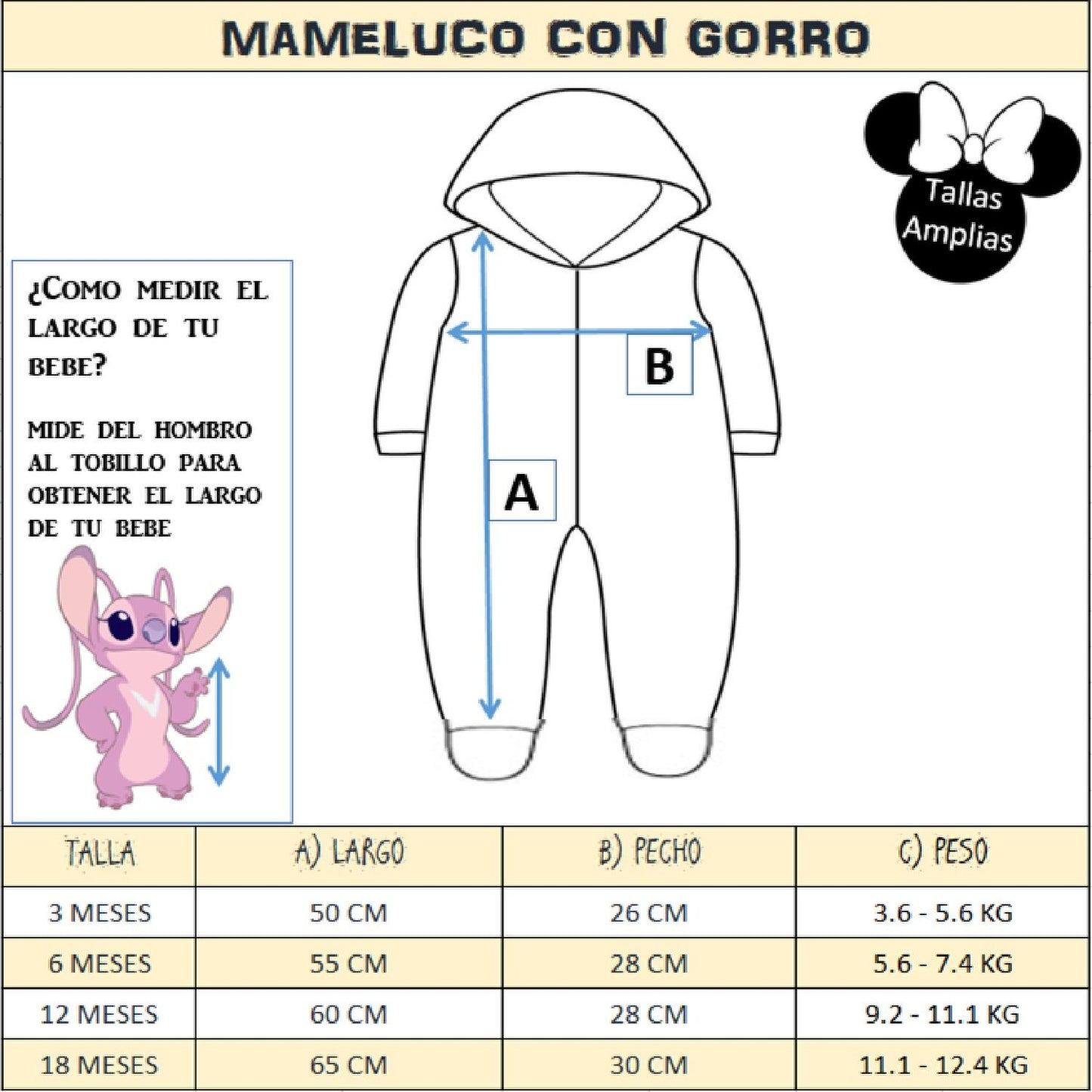 Kit 3 Mamelucos Disney para Bebé con Gorro Bordado Angel, Dumbo, Minnie