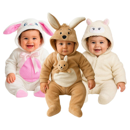 Kit 3 Mamelucos Kiss para Bebé con Gorro Bordado Borrega, Canguro, Coneja