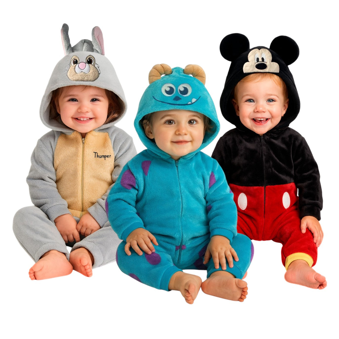 Kit 3 Mamelucos Disney para Niño con Gorro Bordado Sulley, Mickey, Thumper