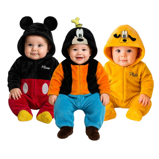 Kit 3 Mamelucos Disney para Bebé con Gorro Bordado Mickey, Pluto, Goofy