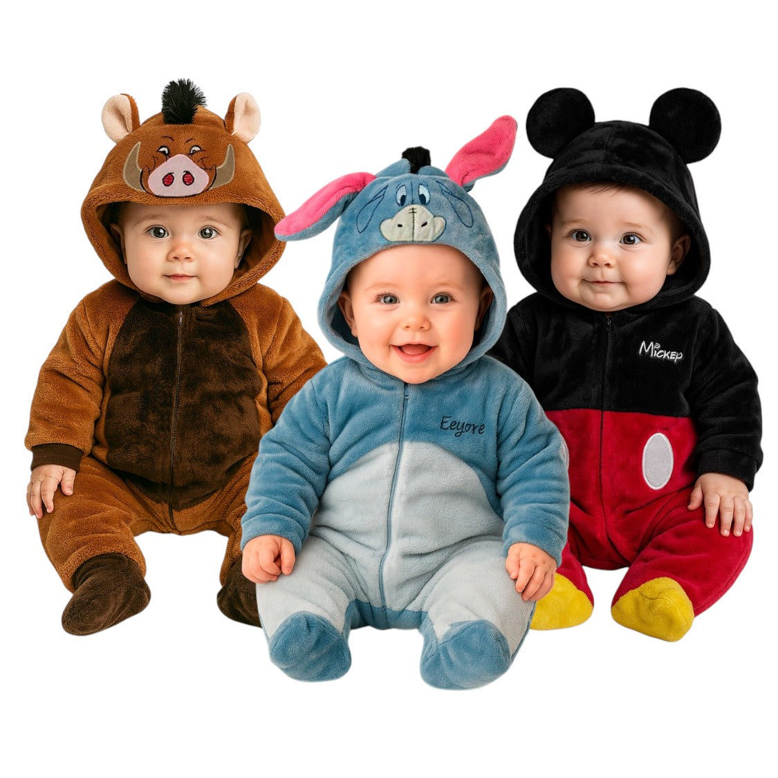 Kit 3 Mamelucos Disney para Bebé con Gorro Bordado Pumba, Eeyore Carita, Mickey