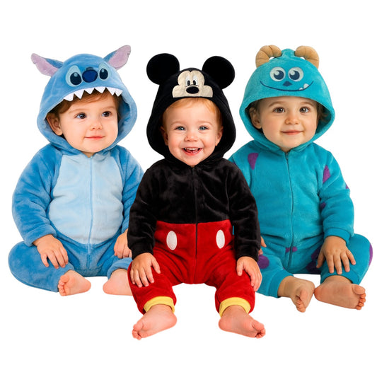 Kit 3 Mamelucos Disney para Niño con Gorro Bordado Stitch, Mickey, Sulley