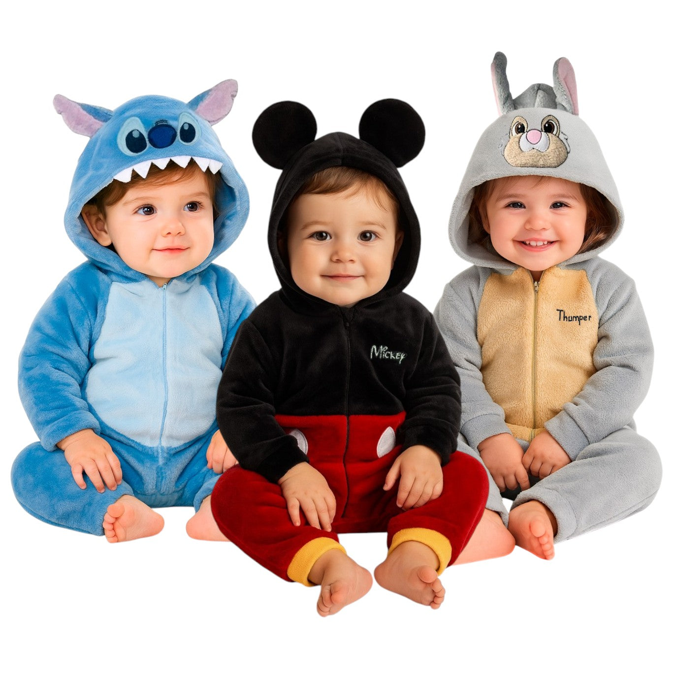 Kit 3 Mamelucos Disney para Niño con Gorro Bordado Thumper, Mickey, Stitch