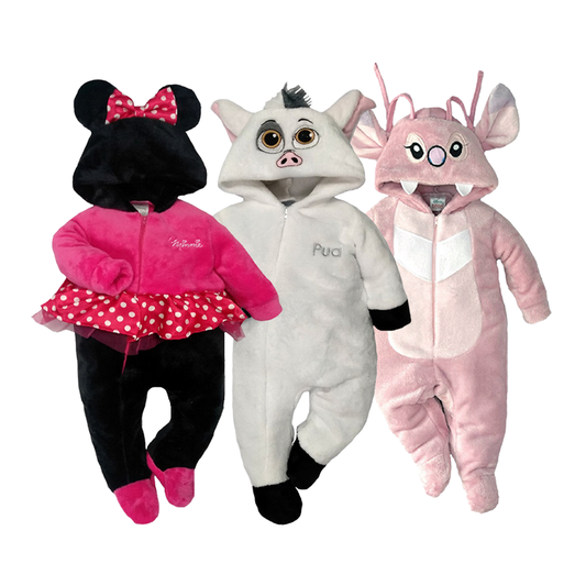 Kit 3 Mamelucos Disney para Bebé con Gorro Bordado Minnie, Pua, Angel (Novia Stitch)