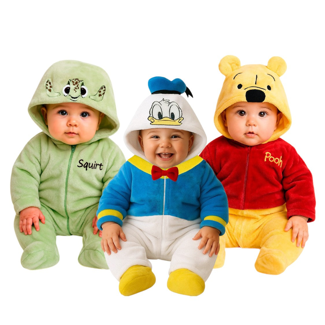 Kit 3 Mamelucos Disney para Bebé con Gorro Bordado Squirt, Donald, Winnie Pooh