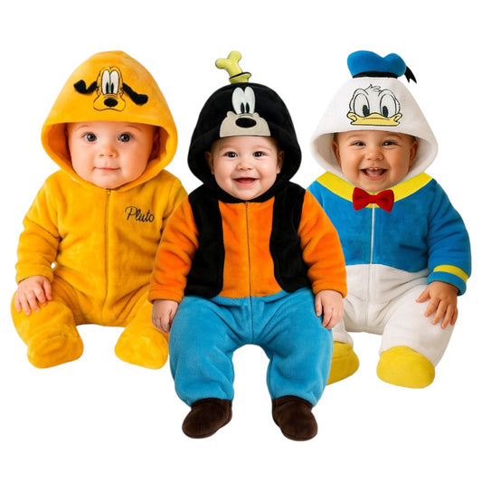 Kit 3 Mamelucos Disney para Bebé con Gorro Bordado Pluto. Donald, Goofy