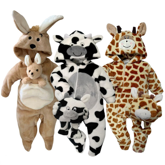 Kit 3 Mamelucos Para Bebé Canguro, Vaca y Jirafa