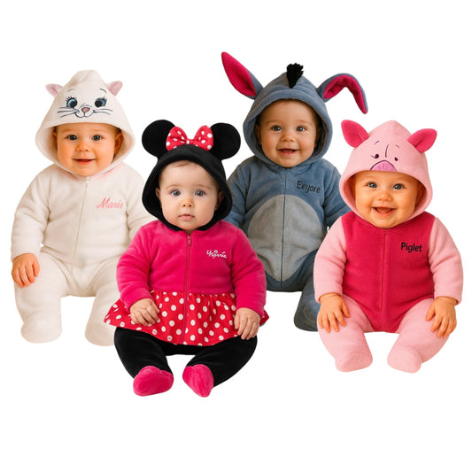 Kit 4 Mamelucos Disney para Bebé con Gorro Bordado Marie, Piglet, Minnie, Eeyore Igor