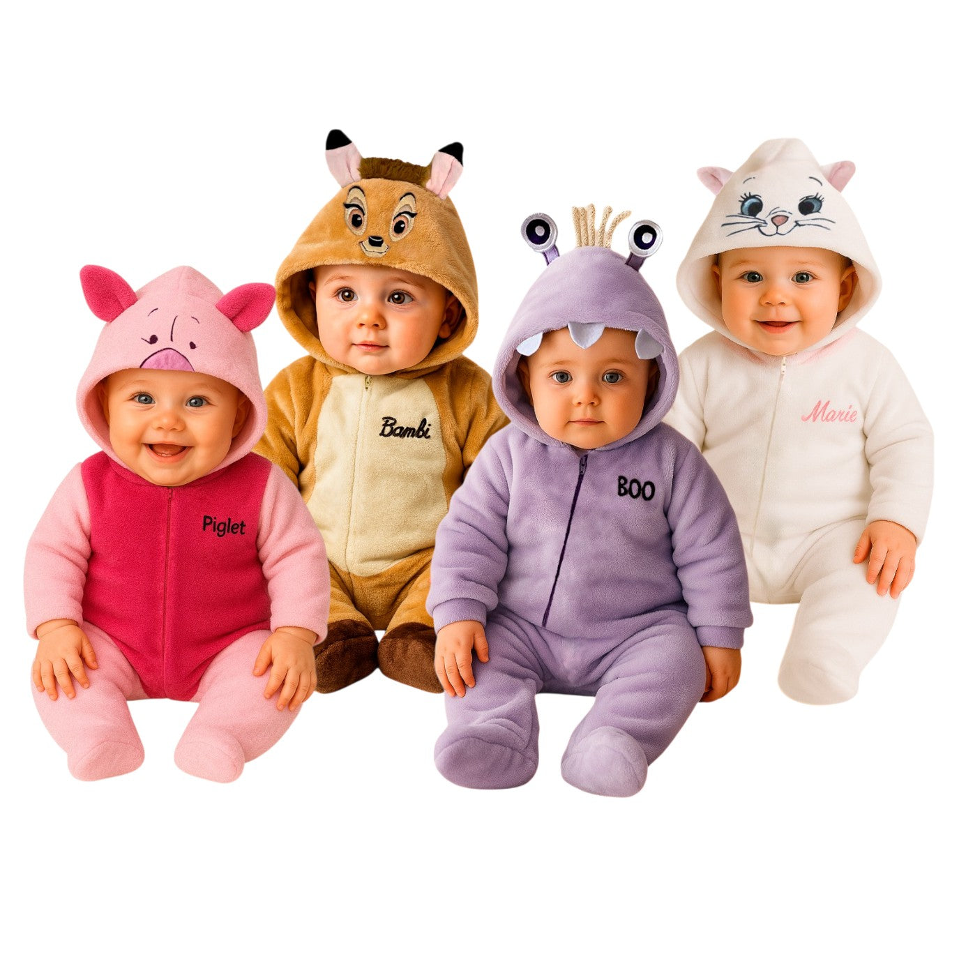 Kit 4 Mamelucos Disney para Bebé con Gorro Bordado Bambi, Piglet, Boo, Marie