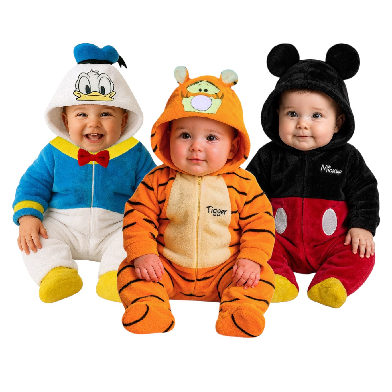 Kit 3 Mamelucos Disney para Bebé con Gorro Bordado Donald, Tigger, Mickey Mouse