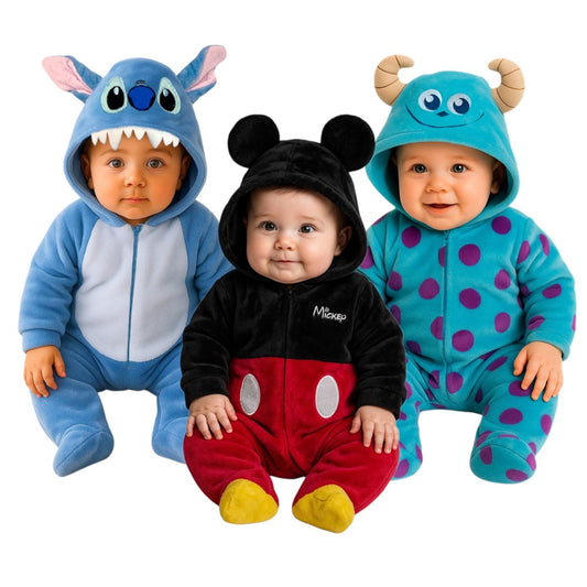 Kit 3 Mamelucos Disney para Bebé con Gorro Bordado Stitch, Mickey, Sulley