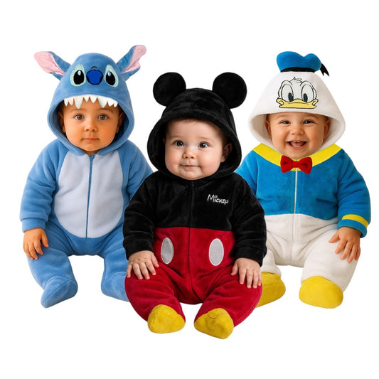 Kit 3 Mamelucos Disney para Bebé con Gorro Bordado Stitch, Mickey Mouse, Donald
