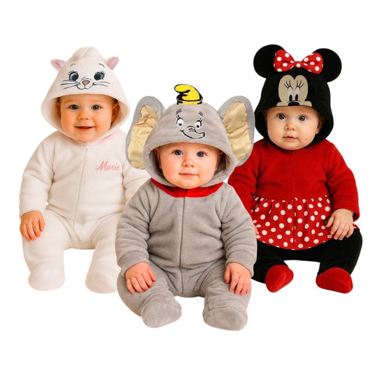 Kit 3 Mamelucos Disney para Bebé con Gorro Bordado Dumbo, Marie, Minnie