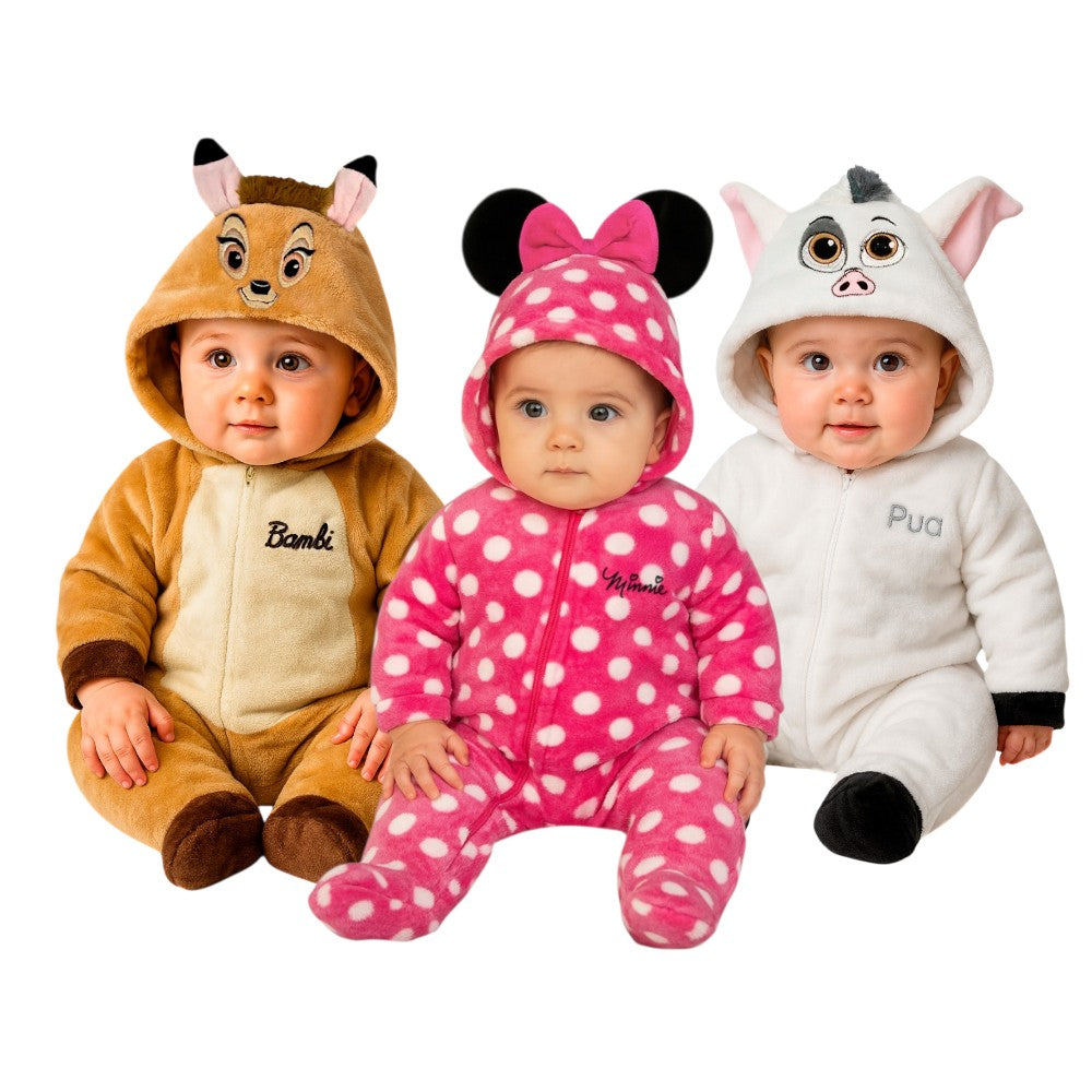 Kit 3 Mamelucos Disney para Bebé con Gorro Bordado Bambi, Minnie Mouse, Pua