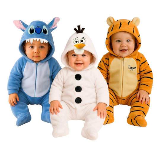 Kit 3 Mamelucos Disney para Bebé con Gorro Bordado Stitch, Olaf, Tigger