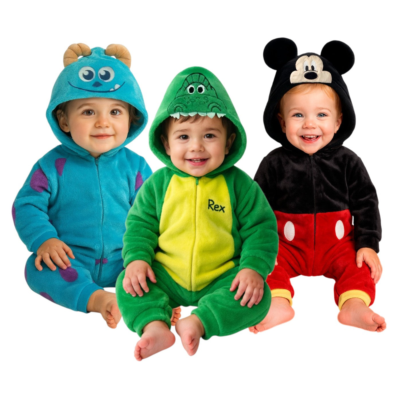 Kit 3 Mamelucos Disney para Niño con Gorro Bordado Sulley, Rex, Mickey Mouse