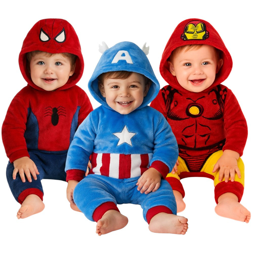 Kit 3 Mamelucos Marvel para Niño con Gorro Bordado Spiderman, Capitan America, Ironman