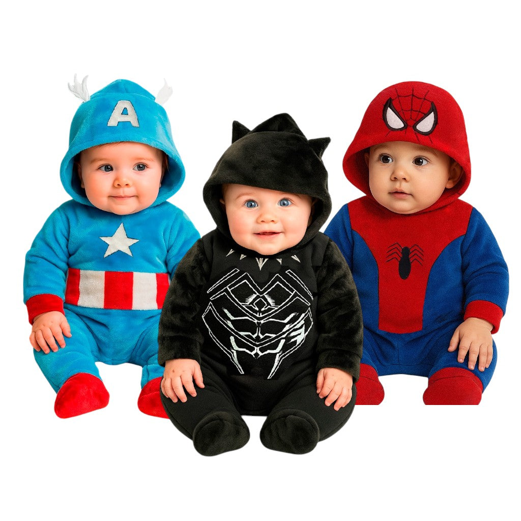 Kit 3 Mamelucos Marvel Capitán América, Black Panter, Spider