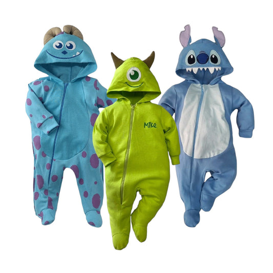 Kit 3 Mamelucos Algodón Disney Sulley, Mike, Stitch