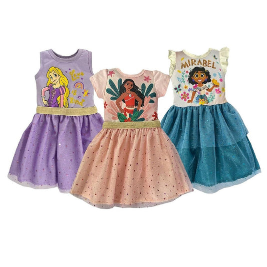 Kit 3 Vestidos Disney Rapunzel, Moana, Mirabel