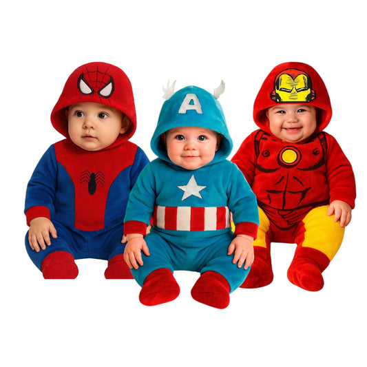 Kit 3 Mamelucos Marvel para Bebé con Gorro Bordado Spiderman, Capitán América, Ironman